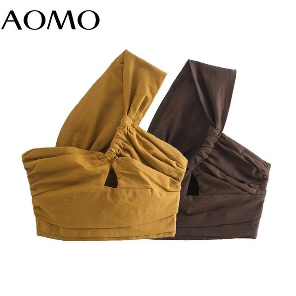 

t-shirt aomo 2022 women pleated asymmetry crop tank vintage one shoulder side zipper female camis qj150a, White