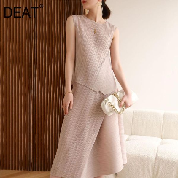 

t-shirt deat women pleated tshrit sleeveless round collar irregular design pullover loose casual style 2022 new summer 15xf007, White