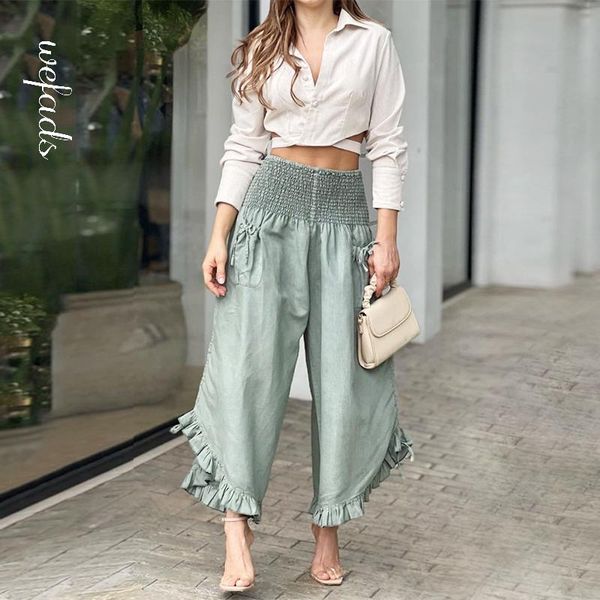 

pants wefads women two piece set v neck solid lapel cutout long sleeve shirt with button loose wide legs casual pants sets, White
