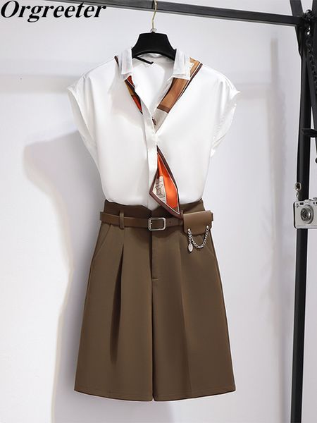 

women s tracksuits temperament pantsuits casual scarf deco short sleeve satin shirt blouse half length suit pants 2 piece sets with belt 230, Gray