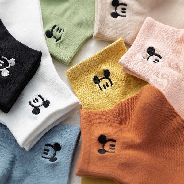 

socks women's disney embroidered shallow mouth korean cute japanese tide summer thin cotton funny street short boat one pack of ten pai, Black;white