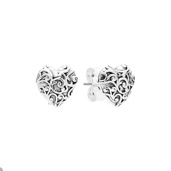 

vintage 925 sterling silver heart stud earrings for pandora wedding designer earring set jewelry for women girlfriend gift love earrings wit, Golden;silver