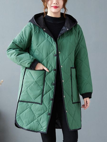 

leather fashion 2022 women jackets single breasted rhombus color blocking hooded long trench coat women winter clothes women parkas, Black