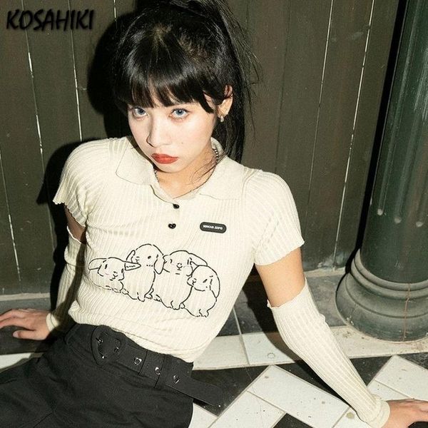 

t-shirt kosahiki kawaii rabbit print women crop y2k fashion casual harajuku vintage streetwear design slim bodycon egirl tshirt, White