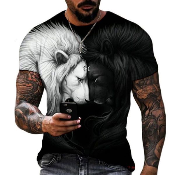 

mens tshirts lion fighting animal beast fierce wolf 3d t shirt summer oversized short sleeve black and white design polyester 230503, White;black