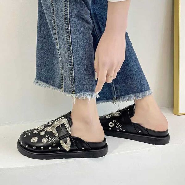 

summer women slippers platform punk rock leather mules creative metal fittings casual party shoes female outdoor slides t22120911, Black