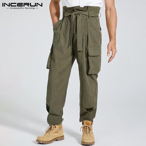 

pants incerun men casual pants joggers high waist lace up multi pockets cargo trousers men 2022 baggy streetwear solid color pantalon, Black