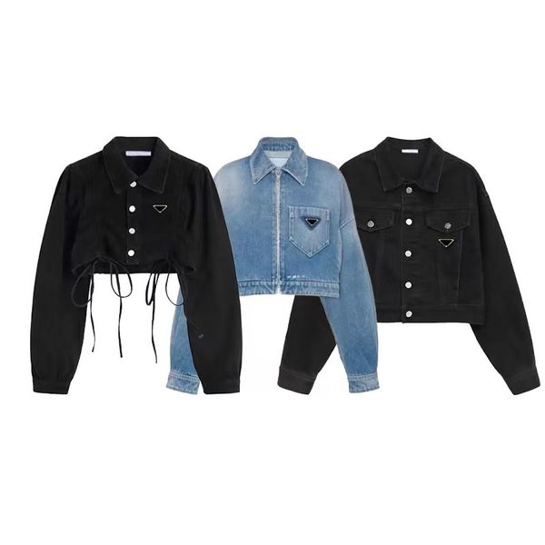 

women jackets denim long sleeve button letter triangle logo autumn spring jacket fashion jeans coat classic windbreaker coats asian size, Black;brown