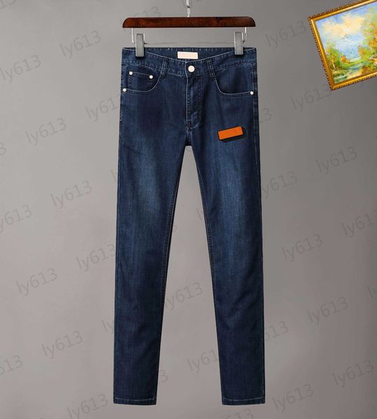 

casual designer mens jeans spring summer dark blue fashion luxury loose fashion red brand logo straight fit elastic pants male denim trouser