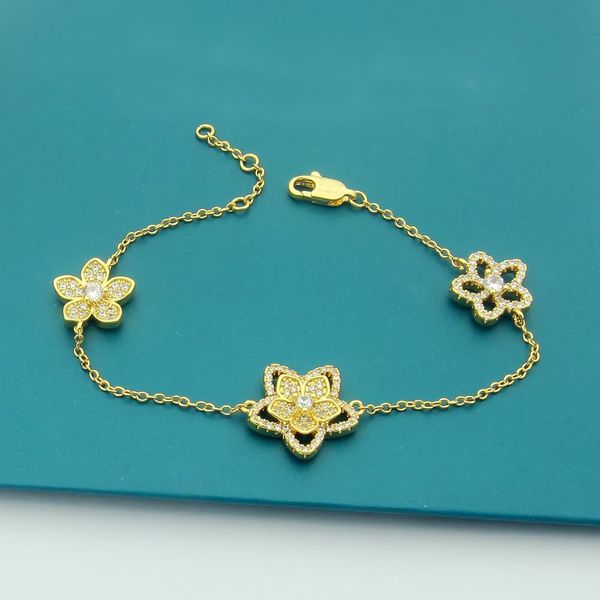 

boutique five petal flower bracelet light luxury full diamond niche design 925 silver gold plated hollow bracelet valentine's day anniv, Black