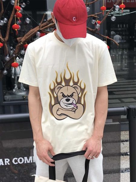 

designer fashion clothing pa tees tshirts palmes angels holding cigarette flame angry little bear print loose round neck short sleeve men&#0, White;black