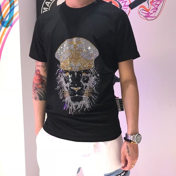 

plein-plein t shirt mens metal letters embroidered european fashion streetwear trend round neck pullover 116, White;black