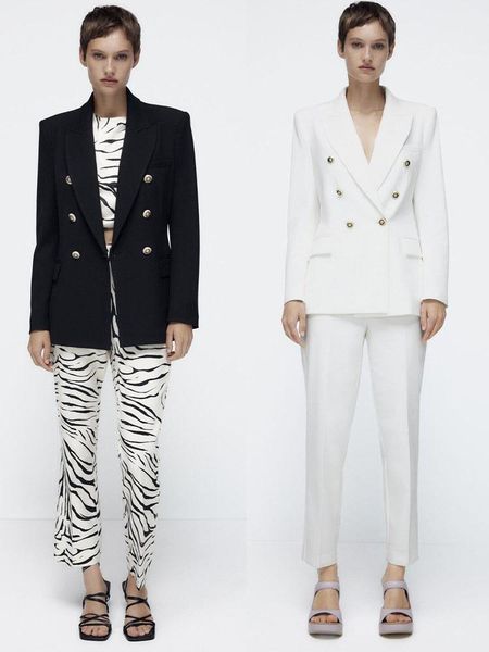 

pants 2022 autumn new women's fashion temperament doublebreasted metal buckle solid color slim fit suit jacket, White