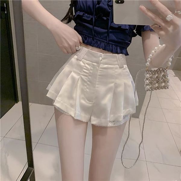 

women's shorts thin white lace skirts shorts women pantalones cortos de mujer high waist slim short satin pants elegant spring korean 2, White;black