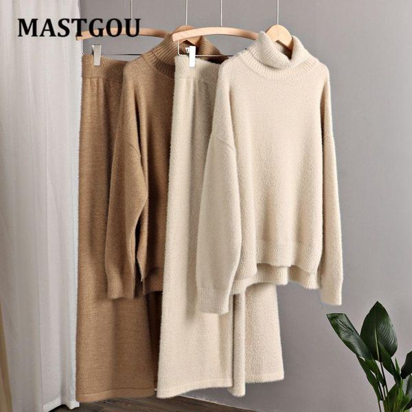 

pants mastgou oversized winter thick fluffy women sweater tracksuits cashmere sweater 2/two pieces sets wide leg straight pants suits, White