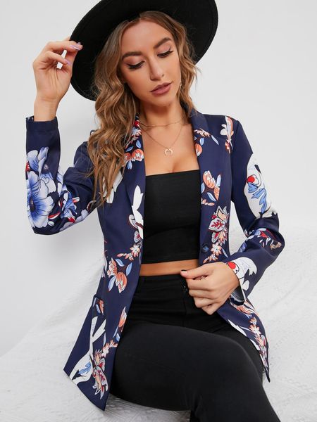 

pants women casual floral print single button blazer spring fall button front lapel suit, White