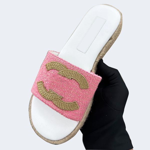 

designer womens slip on slippers tweed sandals lambskin desinger hemp rope flat heels slides classic pink girls retro black mules with dust