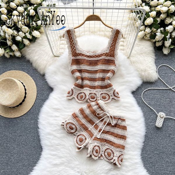 

women s tracksuits summer beach two piece set women hollow out knitted vintage shorts suit casual camisole and 2 holiday outfits 230503, Gray