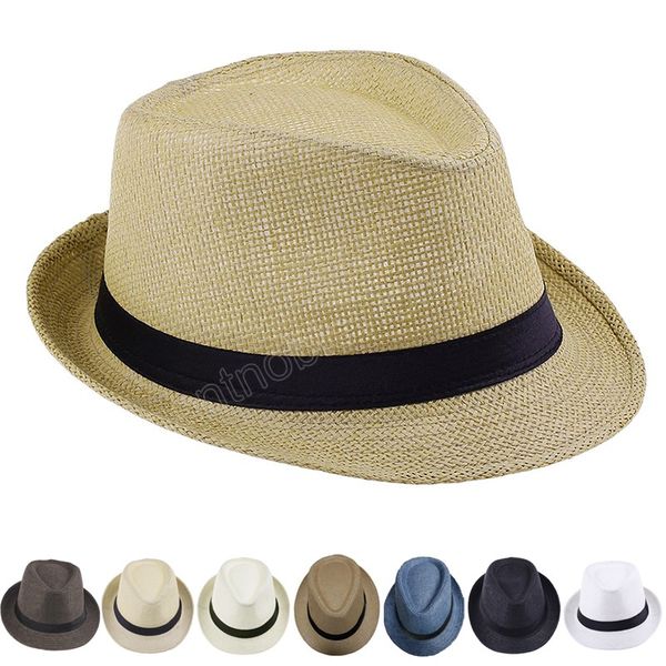 

fashion men straw hat for women summer trendy beach sun hats solid color fedoras ribbon casual cowboy jazz cap male, Blue;gray