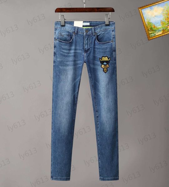 

blue designer mens jeans spring summer classic fashion casual brand trend embroidery print design slim fit small leg straight denim fabric p