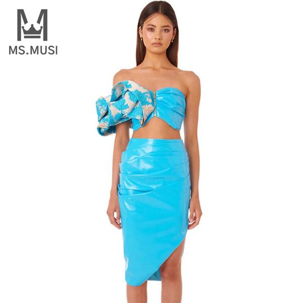 

dresses msmusi 2022 new fashion women off the shoulder pu leather two piece set bodycon party one sleeve short skirt set, White;black