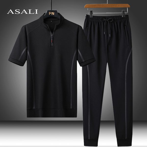 

men s tracksuits suit korean trousers clothing 2023 summer ice silk casual short sleeved male large size loose two piece thin sports 230503, Gray
