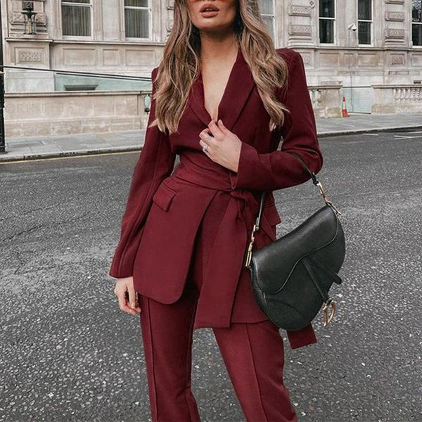 

pants crlaydk 2 pieces outfits for women long sleeve blazer with belt pocket pants lace work office business lady casual suits sets, White