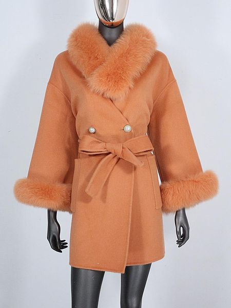 

fur bluenessfair 2022 real fur coat winter jacket women natural fox fur collar scarf cashmere wool blends outerwear streetwear new, Black