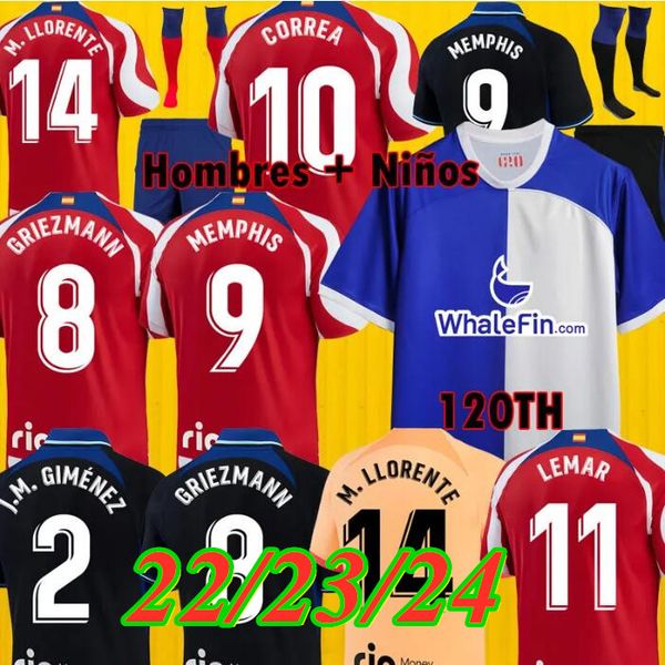 

22 23 24 soccer jerseys morata griezmann joao felix 2023 .llorente correa koke camisetas de futbol lemar carrasco men kids kit football shi, Black