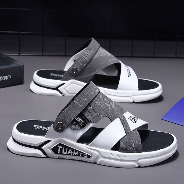 

slippers weh sandals men leather 2023 summer beach brand designer soft casual driving trending outside outdoor 230503, Black