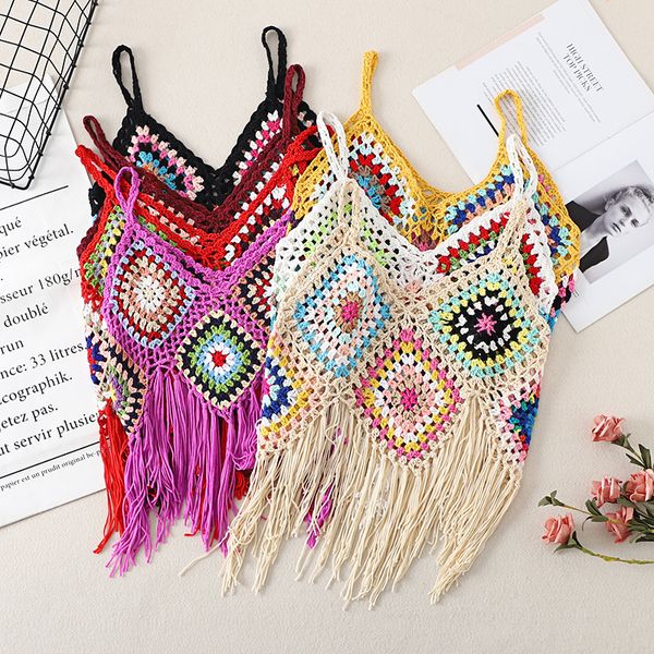 

camisoles tanks tassel vest suspenders female summer ethnic style retro embroidery camisole vneck travel allmatch knitted hollow shirt 23050, Black;white