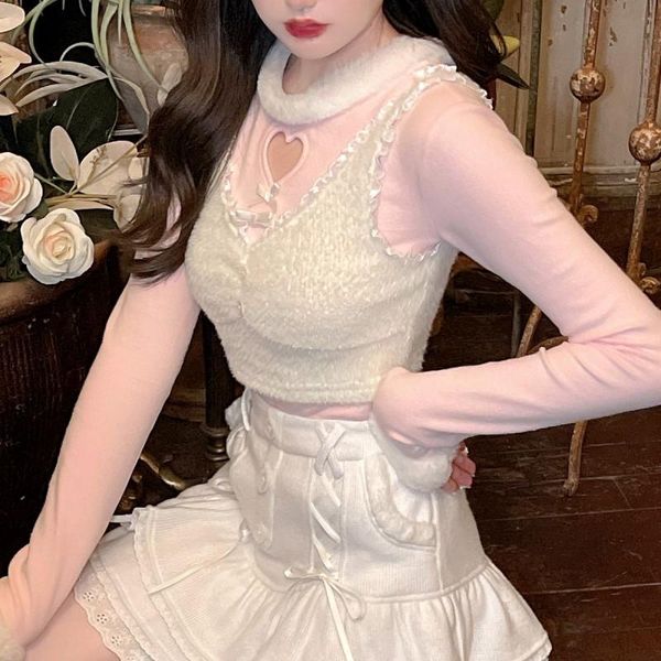 

tanks japanese style sweet lolita blouse winter kawaii openwork plush lace knitted blouse+vest female warm long sleeve pink white, Black;white