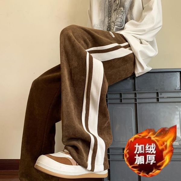 

pants american vintage corduroy side stripe men's pants 2022 winter casual wide leg trousers high waist loose straight pants women, Black
