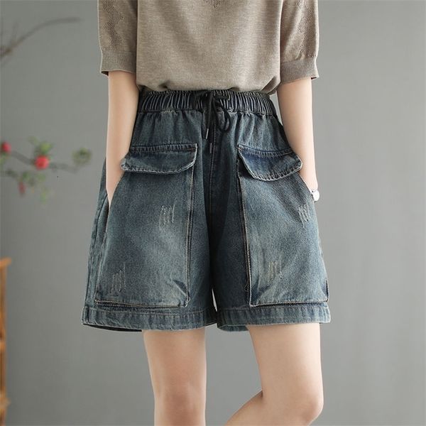 

women's shorts women's denim shorts big pocket oversize vintage wide leg short pants woman summer casual elastic waist jeans short, White;black