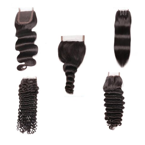 

4x4 transparent lace closures body loose deep wave jerry curly kinky curly human hair middle 3 parts closure pre plucked, Black;brown