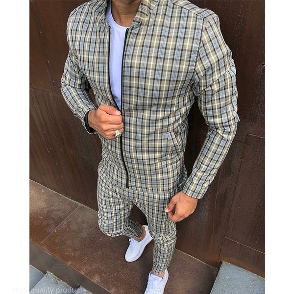 

men's tracksuits men' 3d plaid sports gentlemen jacket men set tracksuit fitness fashion zipper 2 pieces men's sets sportswea, Gray