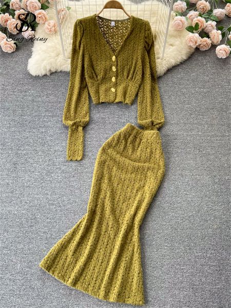 

two piece dress singreiny spring knitted casual two pieces suits women long sleeves retro blouselong mermaid skirt sets hollow out vintage s, White