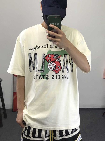 

designer fashion clothing pa tees tshirts palmes angels gradient chest letter print men's women's short sleeve loose versatile cas, White;black