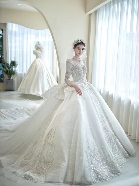 

2023 plus size wed dress arabic aso ebi luxurious beaded crystals wedding dresses high neck mermaid bridal dresses sheer neck wedding gowns, White