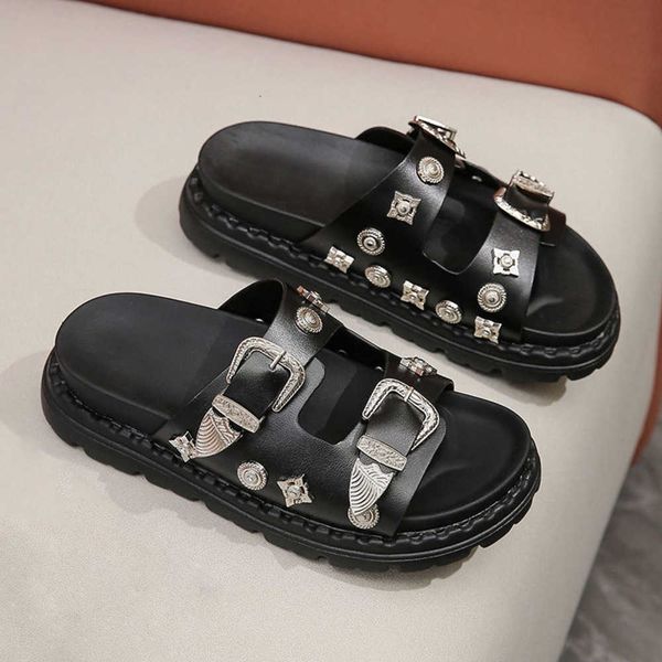 

summer women slippers platform rivets punk rock leather mules creative metal fittings casual party shoes female outdoor slides 230204, Black