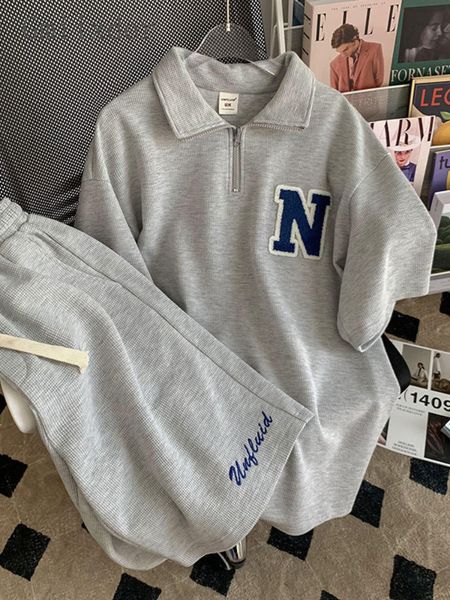 

men s tracksuits waffle sports suit summer hong kong style short sleeved shirt korean lstter shorts casual handsome two piece set 230503, Gray