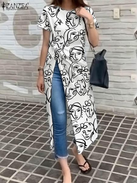 

t-shirt women's summer blouse zanzea fashion short sleeve 2023 casual printed long shirts irregular slit camisas oversized ol tunic, White