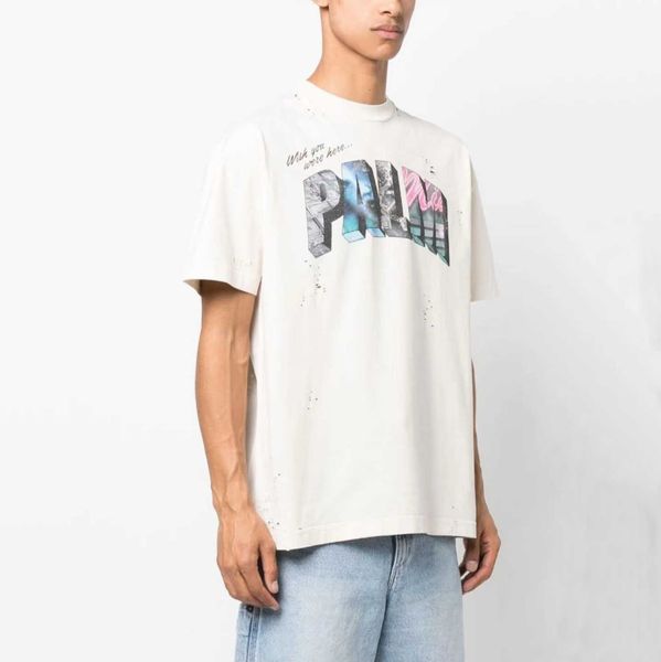 

designer fashion clothing pa tees tshirts colorful letter print distressed round neck short sleeve t-shirt palmes angels men's women&#0, White;black