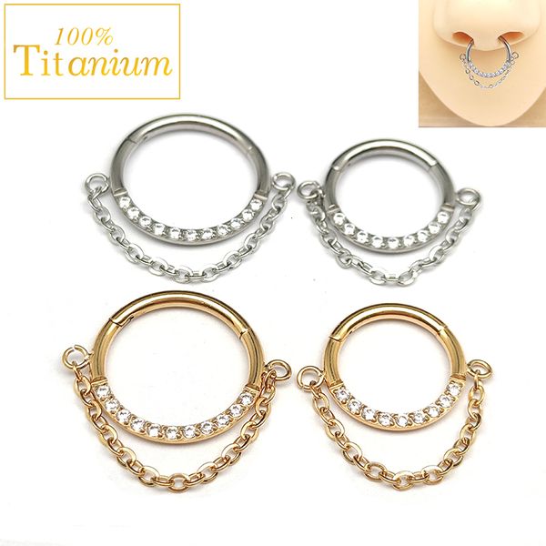 

nose rings studs septum piercing clicker hoop with chain hinged astm f136 nose rings cubic zirconia helix cartilage tragus daith earring 230, Silver