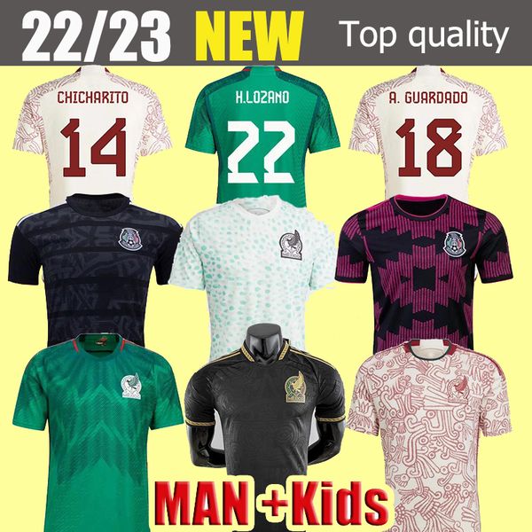 

player version fans 22 2023 mexico soccer jersey green national copa america 22 23 chicharito lozano guardado carlos vela raul men kids wome, Black;yellow