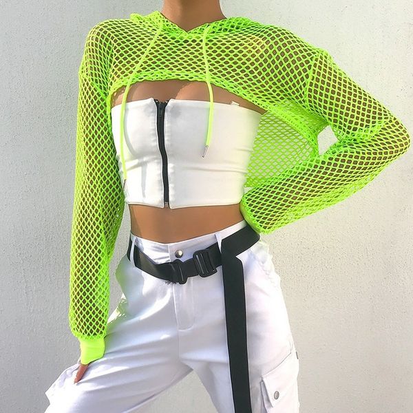 

women's t-shirt spring streetwear neon green mesh fishnet women tshirt perspective long sleeve women's t-shirts cropped shirt 2305, White