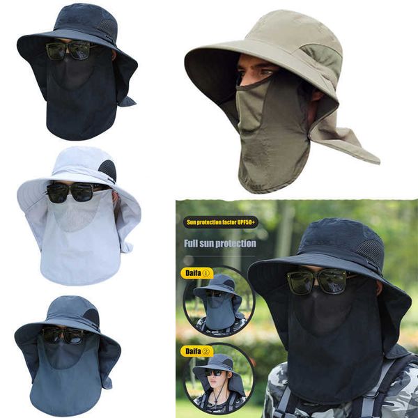 

outdoor hats adjustable wide brim sun hat face mask women men outdoor sun protector fishing hiking hunting training breathable bucket cap j2, Black;white