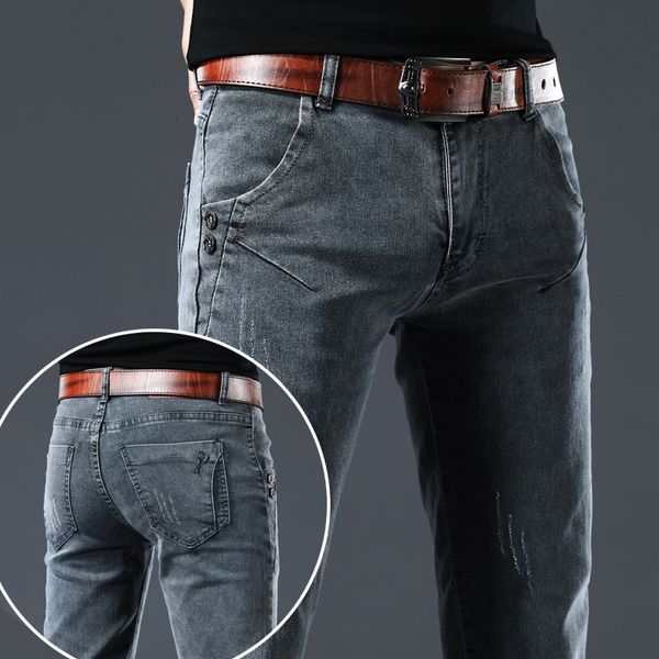 

men s jeans brand clothing men grey elasticity slim skinny business casual classic edition type comfortable male denim pants 230503, Blue