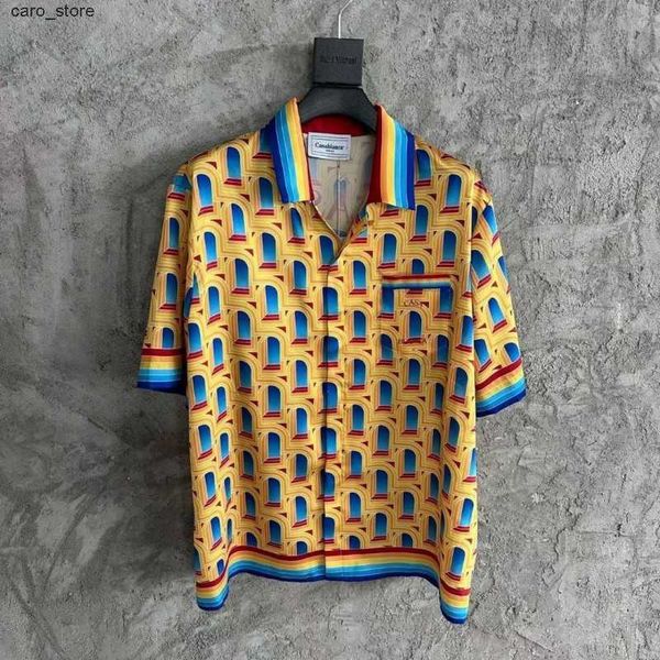 

men's casual shirts casablanca shirts dreamland gate twill silk short sleeve cardigan yellow blue causal contrast color shirt for men w, White;black