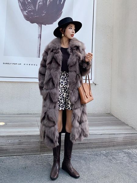 

fur women's thick 100% real fox fur long leather jacket overcoat winter warm real fox long coat rf2, Black